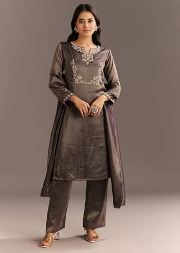 Dark Purple Organza Tissue Embroidered Kurta Pant With Embroidered Dupatta