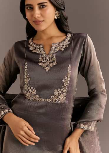 Dark Purple Organza Tissue Embroidered Kurta Pant With Embroidered Dupatta