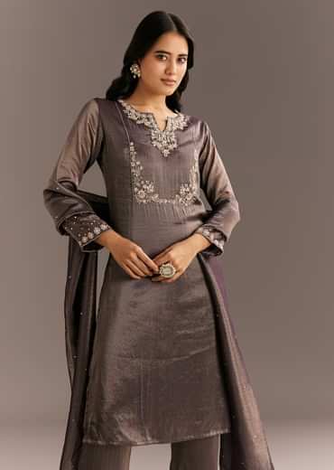 Dark Purple Organza Tissue Embroidered Kurta Pant With Embroidered Dupatta
