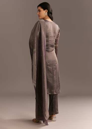 Dark Purple Organza Tissue Embroidered Kurta Pant With Embroidered Dupatta