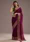 Dark Wine Crepe Silk Saree With Zari Border And Contrast Blouse