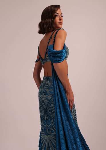 Dark Blue Fish Cut Bridal Lehenga Set In Net With Attached Cape