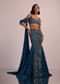 Dark Blue Fish Cut Bridal Lehenga Set In Net With Attached Cape