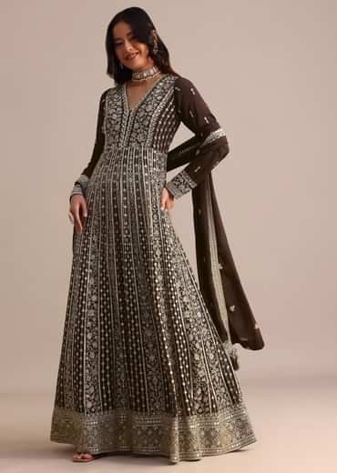 Dark Brown Silk Zari Embroidered Anarkali Suit