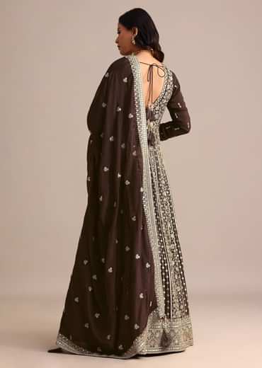 Dark Brown Silk Zari Embroidered Anarkali Suit