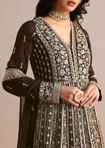 Dark Brown Silk Zari Embroidered Anarkali Suit
