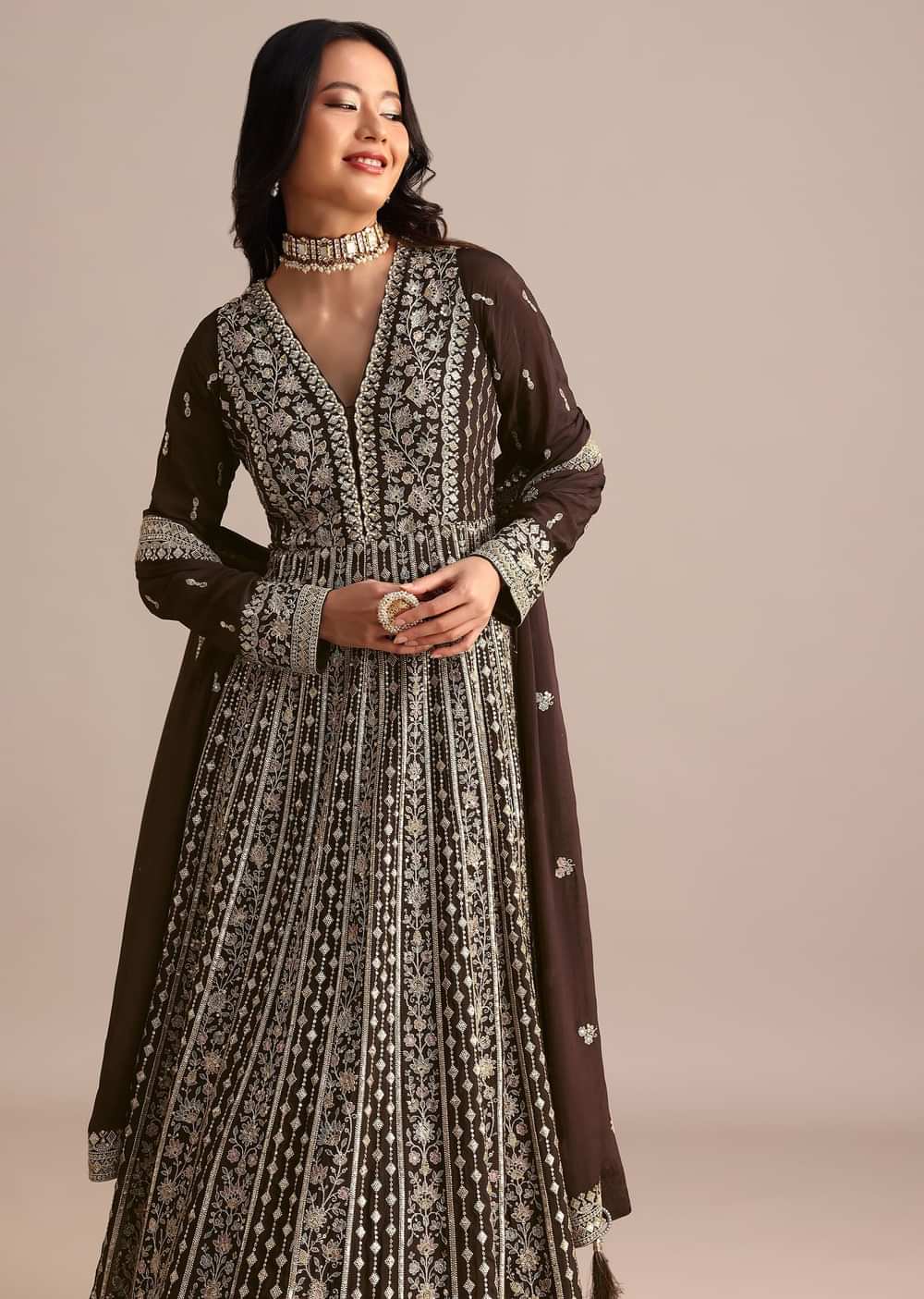 Dark Brown Silk Zari Embroidered Anarkali Suit