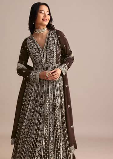 Dark Brown Silk Zari Embroidered Anarkali Suit