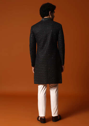 Dark Green Cutdana Embroidered Sherwani Set For Men