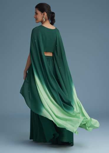 Dark Green Georgette Palazzo Set With Ombre Sleeves