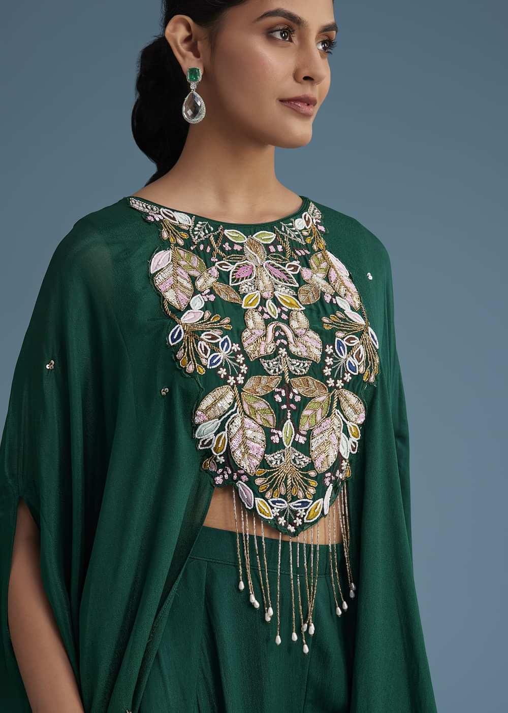 Dark Green Georgette Palazzo Set With Ombre Sleeves