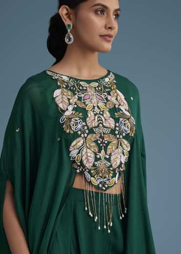 Dark Green Georgette Palazzo Set With Ombre Sleeves