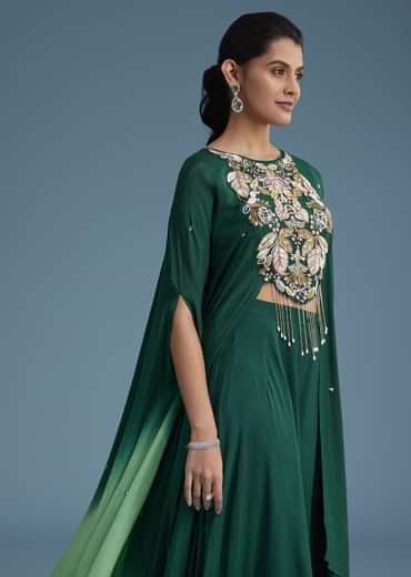 Dark Green Georgette Palazzo Set With Ombre Sleeves