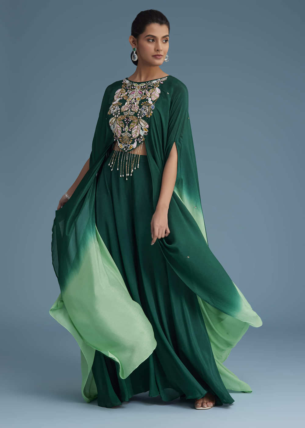Dark Green Georgette Palazzo Set With Ombre Sleeves