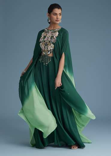 Dark Green Georgette Palazzo Set With Ombre Sleeves