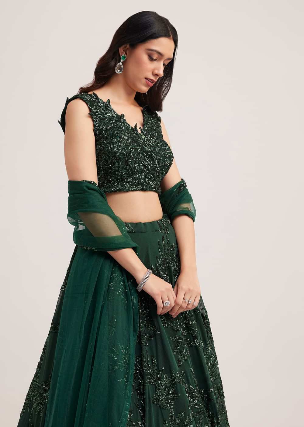 Dark Green Sequin Embellished Lehenga Set