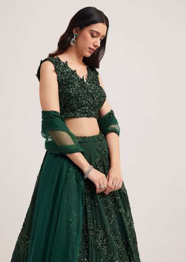 Dark Green Sequin Embellished Lehenga Set