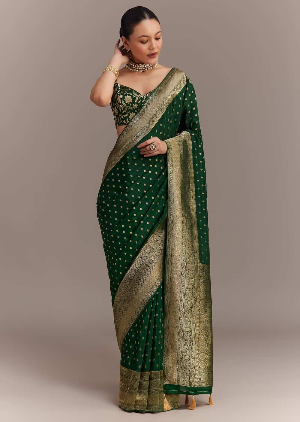 Dark Green Tissue Silk Saree With Zari Border Butti And Pallu