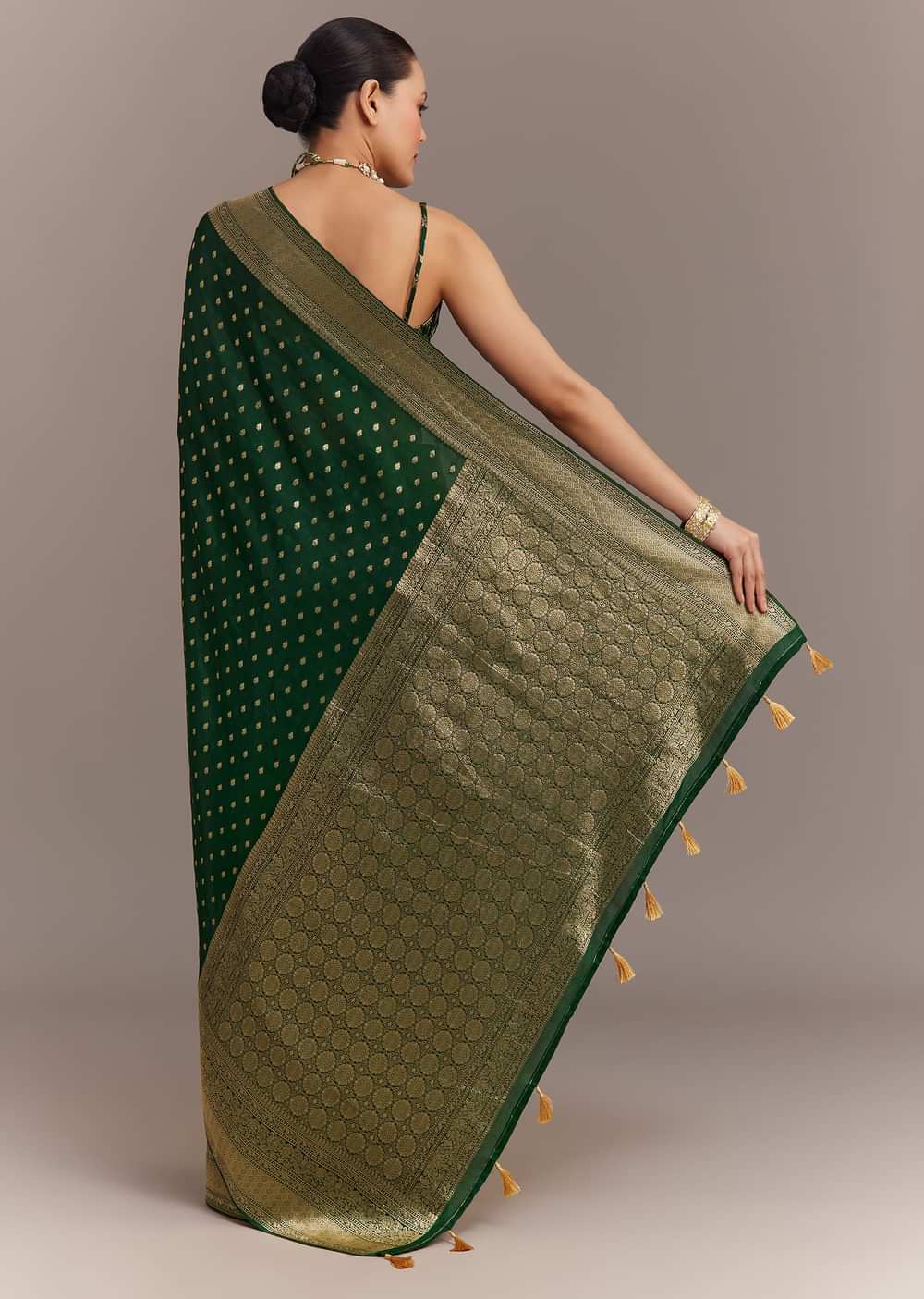 Dark Green Tissue Silk Saree With Zari Border Butti And Pallu