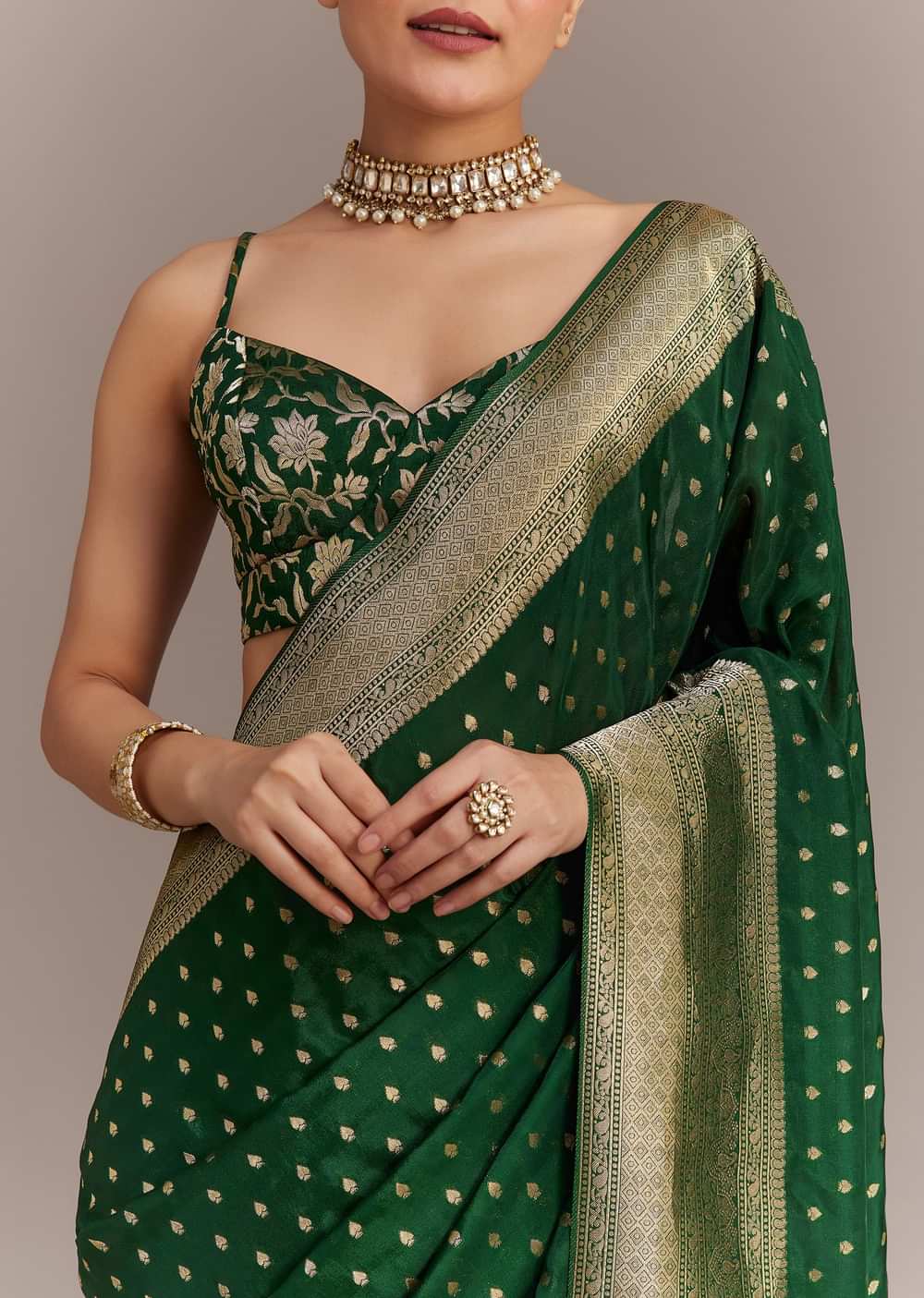 Dark Green Tissue Silk Saree With Zari Border Butti And Pallu