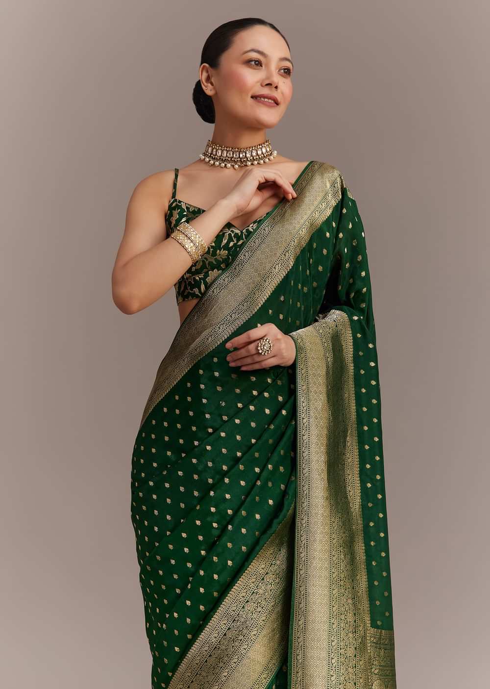 Dark Green Tissue Silk Saree With Zari Border Butti And Pallu