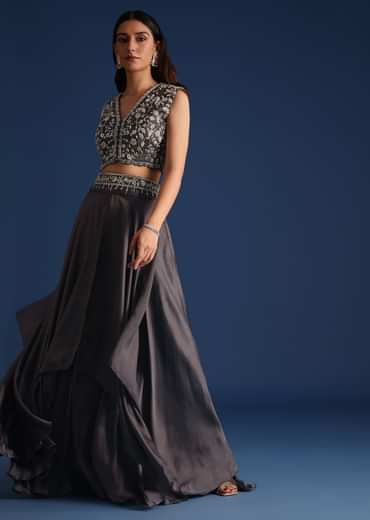 Dark Grey Asymmetric Organza Jacket With Crop Top And Draped Skirt