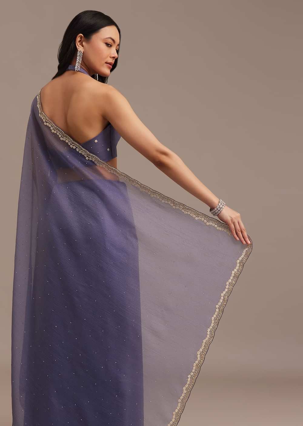 Dark Lavender Crushed Tissue Saree With Stone And Cutdana Embellished Border