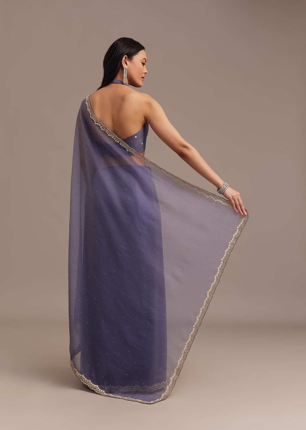 Dark Lavender Crushed Tissue Saree With Stone And Cutdana Embellished Border