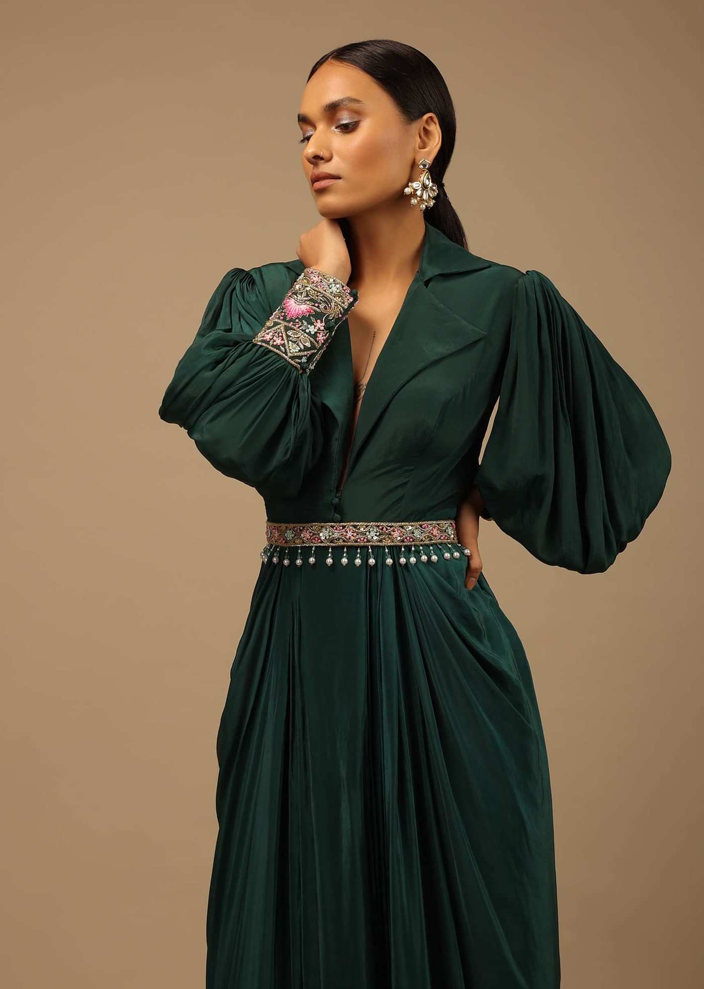 Dark Pine Green High Low Gown With Collar Neckline, Bishop Sleeves And Multicolor Handwork On The Cuffs