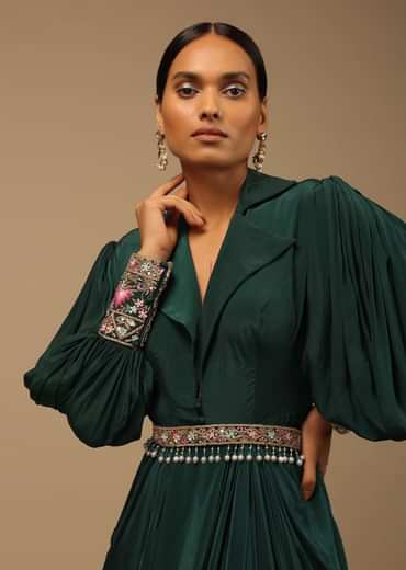 Dark Pine Green High Low Gown With Collar Neckline, Bishop Sleeves And Multicolor Handwork On The Cuffs