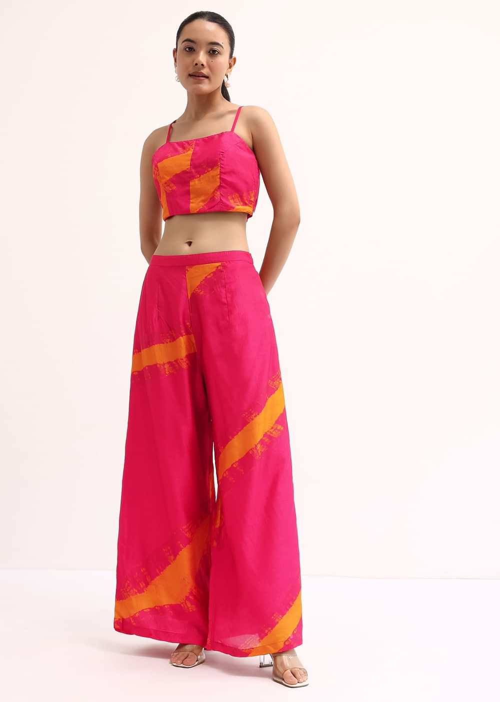 Dark Pink Printed Tussar Crop Top And Palazzo Set
