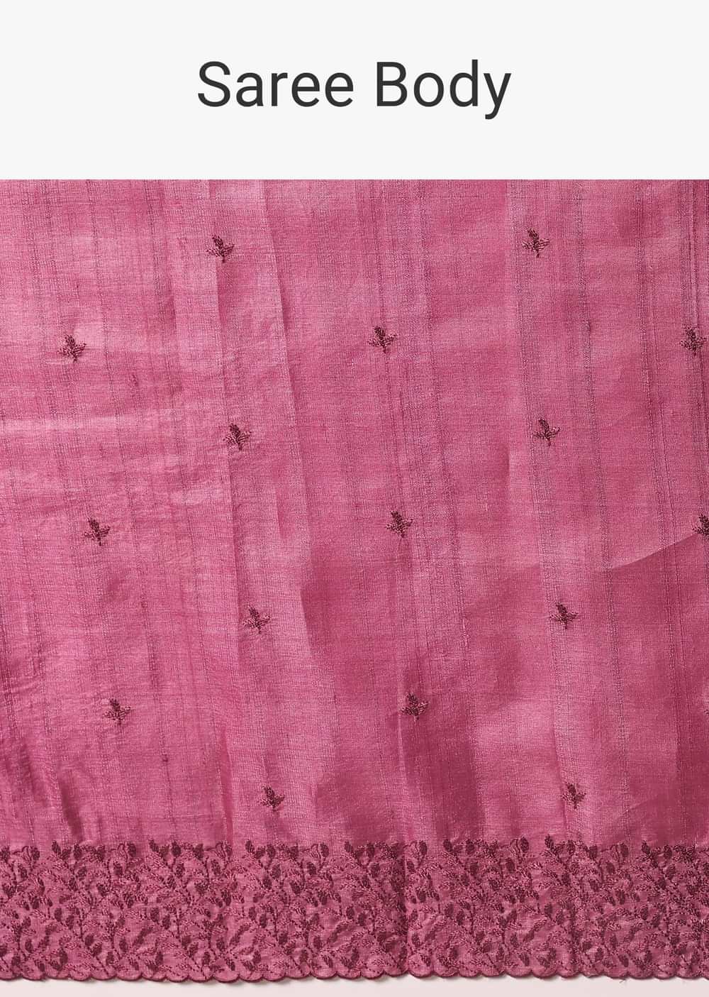 Dark Pink Saree With Resham Work And Unstitched Blouse