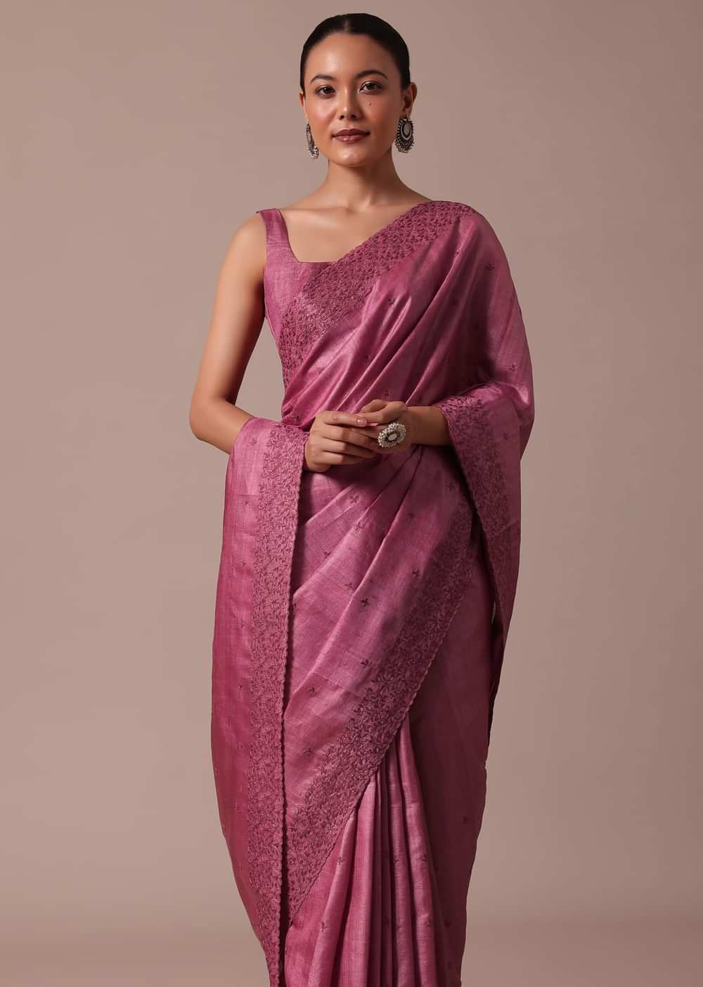 Dark Pink Saree With Resham Work And Unstitched Blouse