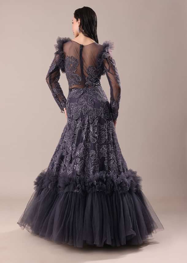 Dark Purple Embroidered Fancy Ruffle Gown