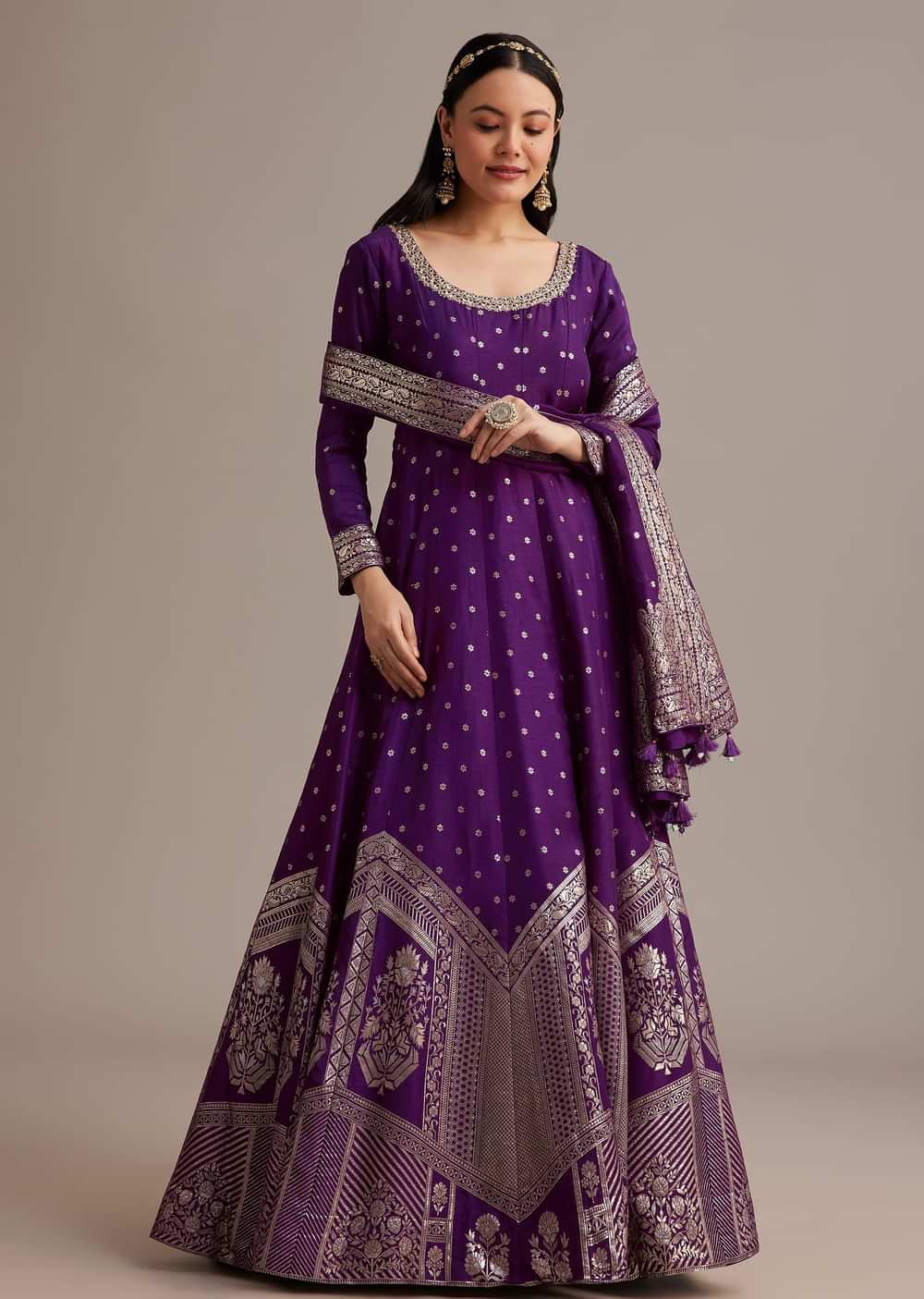 Dark Purple Gold Weave Anarkali Set With Banarasi Dupatta