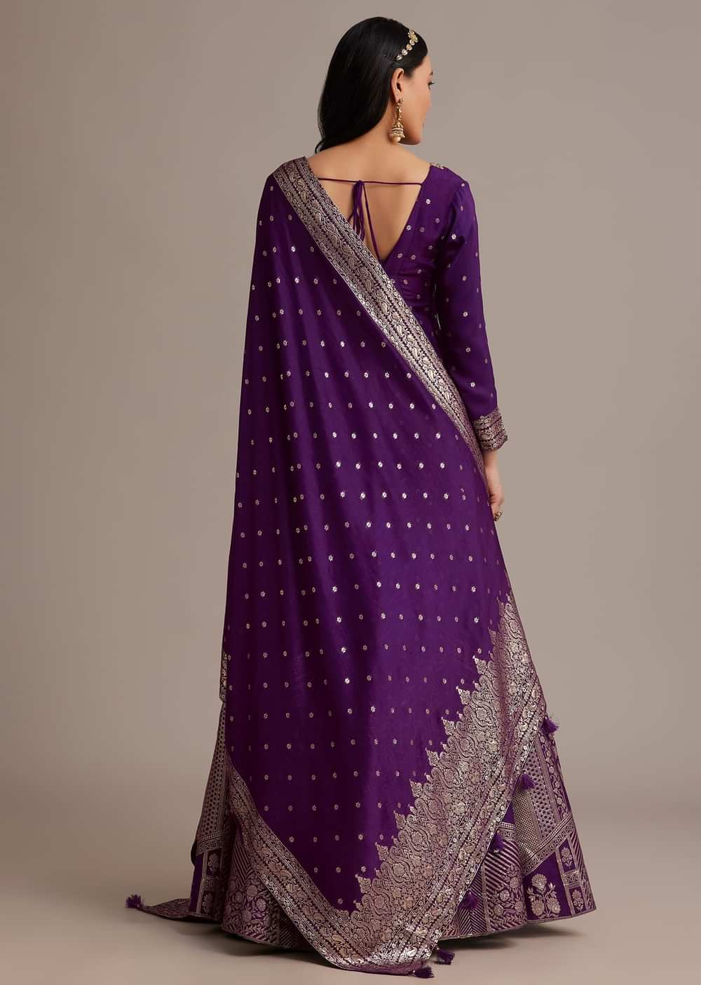 Dark Purple Gold Weave Anarkali Set With Banarasi Dupatta