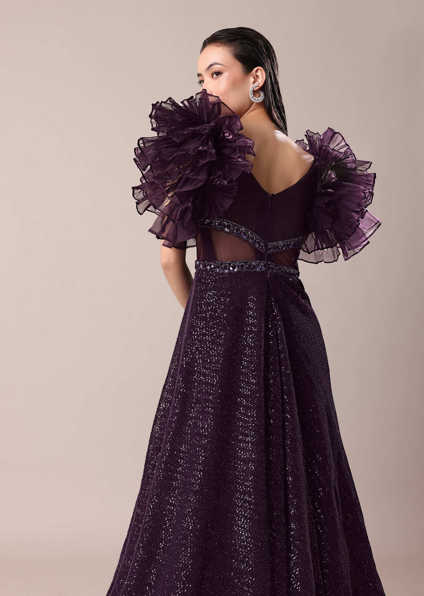 Dark Purple Hand Embroidered Ruffle Sleeve Gown