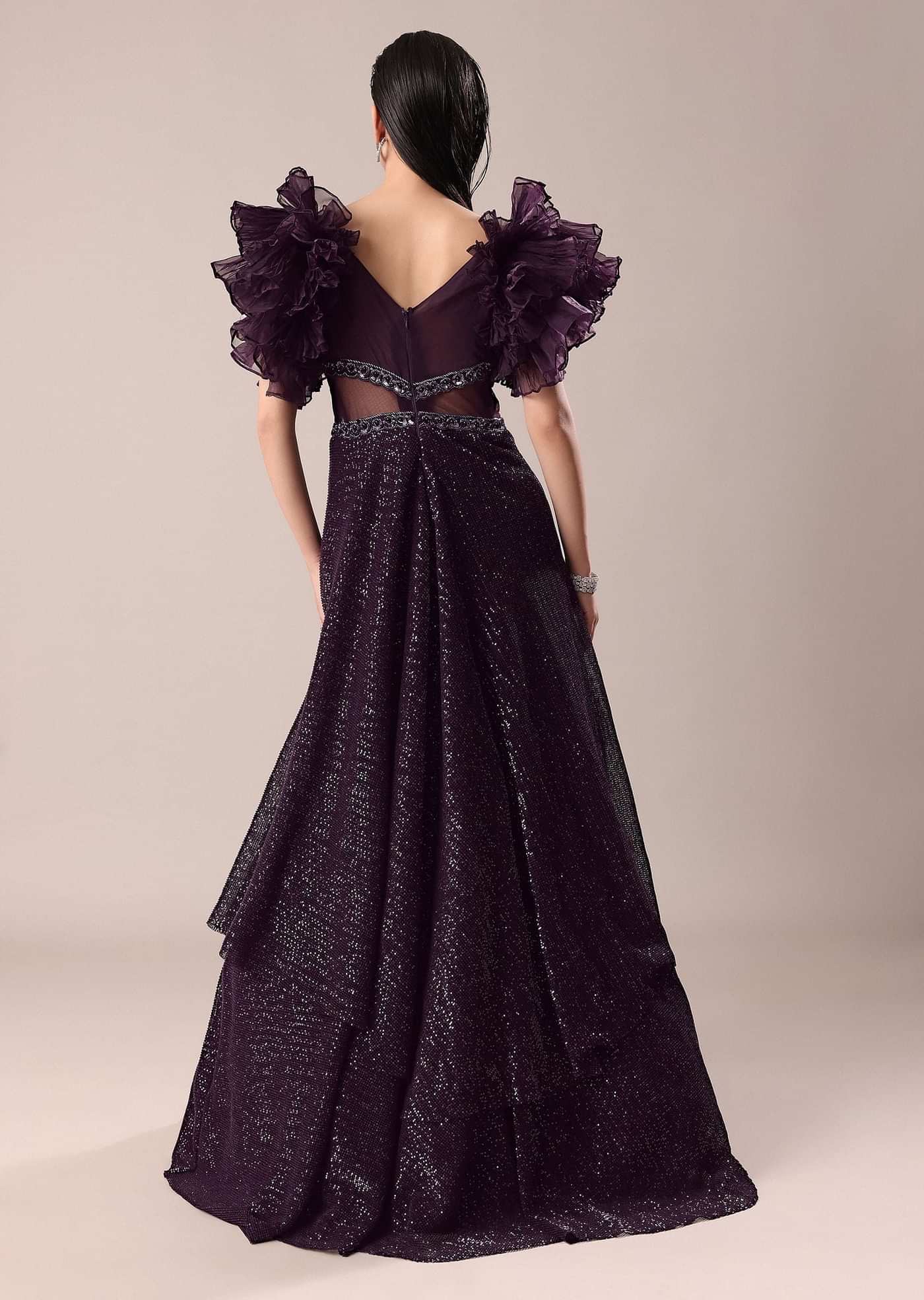 Dark Purple Hand Embroidered Ruffle Sleeve Gown