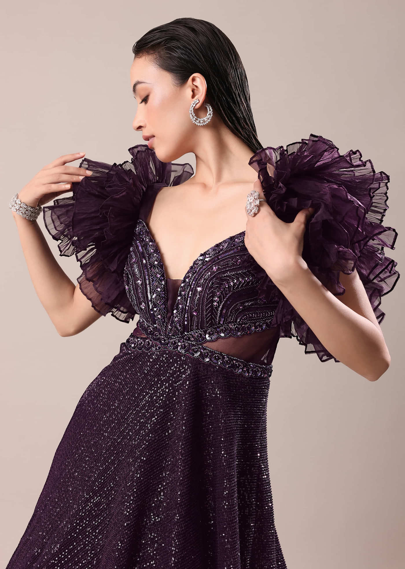 Dark Purple Hand Embroidered Ruffle Sleeve Gown