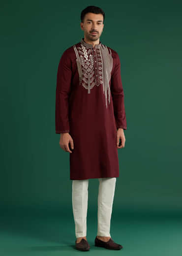 Deep Maroon Silk Kurta Set For Men With Gota Work