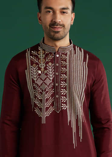 Deep Maroon Silk Kurta Set For Men With Gota Work