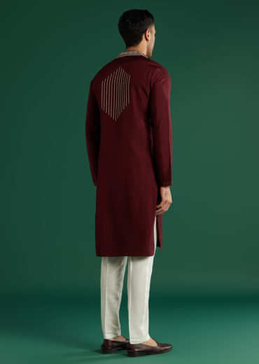 Deep Maroon Silk Kurta Set For Men With Gota Work