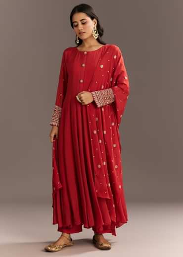 Deep Orange Chinon Kurta With Zardosi Sleeves And Butti Dupatta