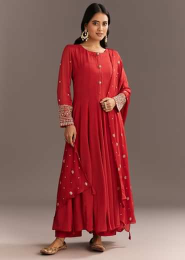 Deep Orange Chinon Kurta With Zardosi Sleeves And Butti Dupatta