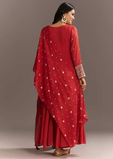 Deep Orange Chinon Kurta With Zardosi Sleeves And Butti Dupatta