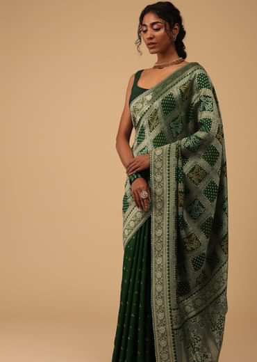 Deep Green Dola Silk Banarasi Saree With Bandhani Waeve