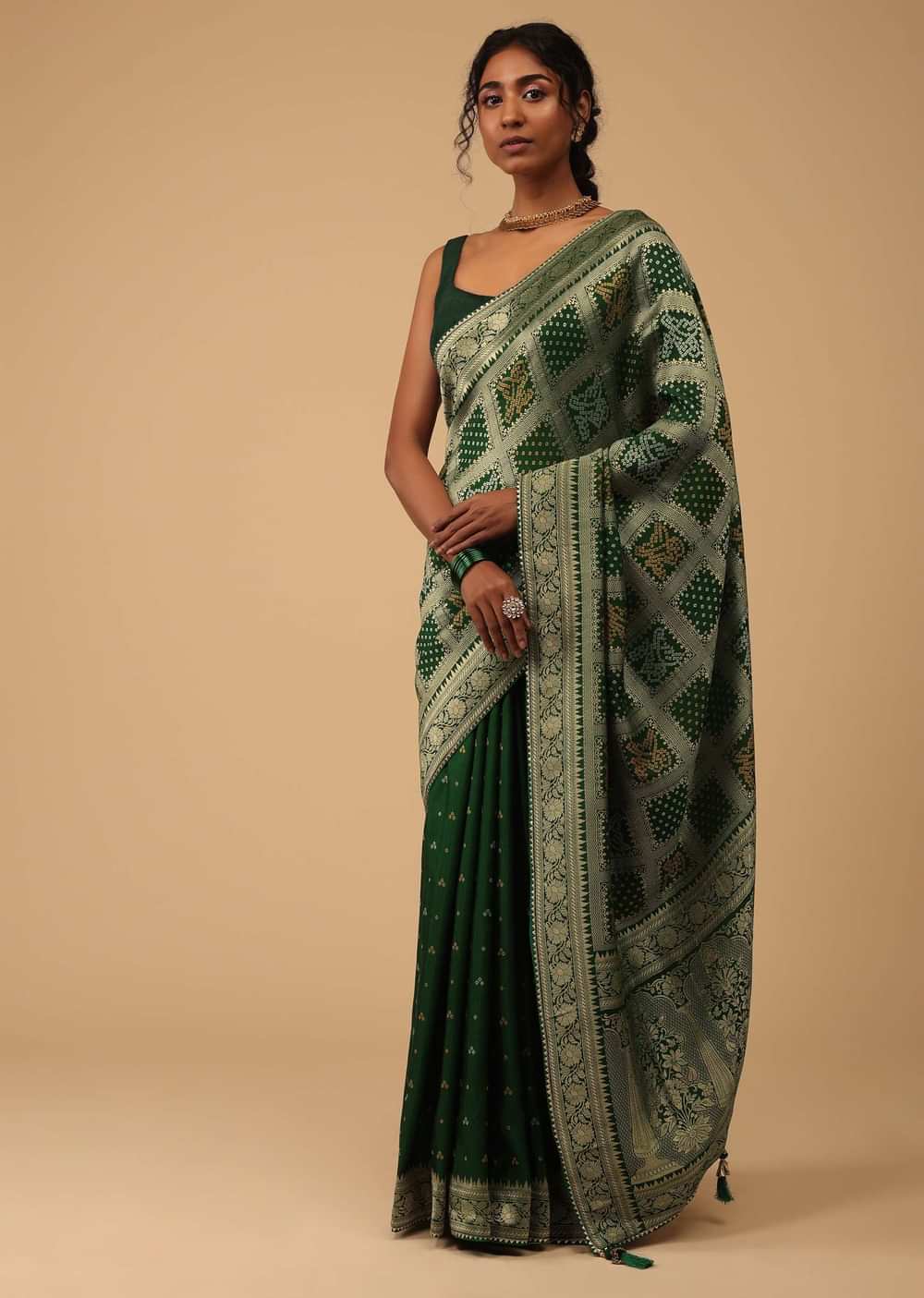 Deep Green Dola Silk Banarasi Saree With Bandhani Waeve