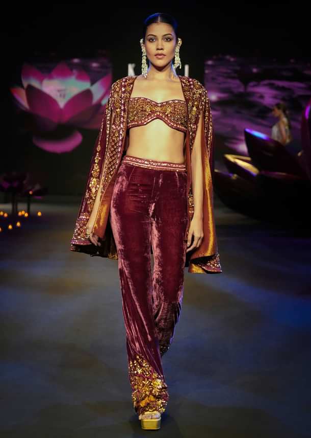 Deep Magenta Velvet Brocade Cape Jacket Suit