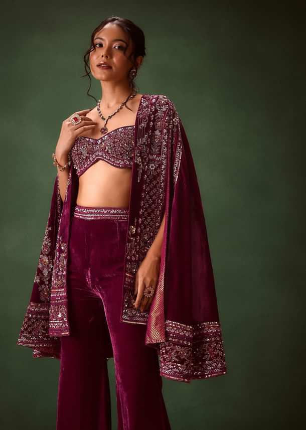 Deep Magenta Velvet Brocade Cape Jacket Suit