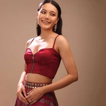 Deep Red Blouse In Satin With Front Zip Closure, Strap Sleeves And Corset Neckline